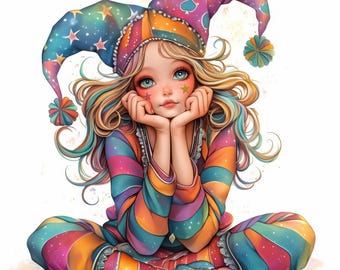 Cute Quirky Jester Girl Clip Art 16 High Res Watercolor JPG Junk Journaling, Scrapbooking, Card Making, Digital Download, Paper Craft