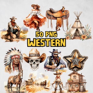 Watercolor Western Clipart Bundle, Wild West PNG Graphics, Cowboy Boots and Hat Images, Cactus, Covered Wagon Illustration, Commercial Use