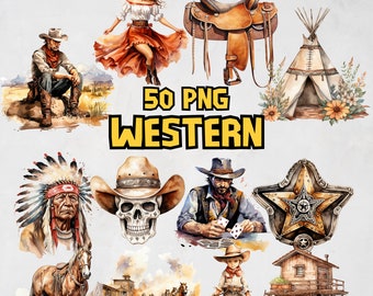 Watercolor Western Clipart Bundle, Wild West PNG Graphics, Cowboy Boots and Hat Images, Cactus, Covered Wagon Illustration, Commercial Use