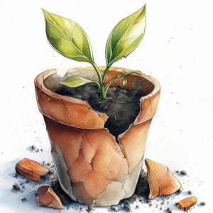 Puede incluir: Ilustración en acuarela de una maceta de terracota rota con una pequeña planta verde que crece en su interior. La maceta está agrietada y rota, con trozos esparcidos. La planta tiene dos hojas verdes grandes.
