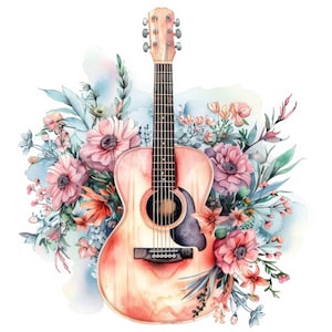 10 gitaar en bloemen clipartbundelafbeeldingen, afdrukbare aquarel clipart, hoge kwaliteit png's, digitale download, papier ambacht, ongewenste tijdschriften