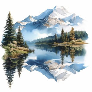 May include: Watercolor painting of a mountain landscape with a lake. Snow-capped mountains are reflected in the calm water. Evergreen trees and grassy areas line the lake's edge. The sky is a mix of blue and white, with soft clouds.