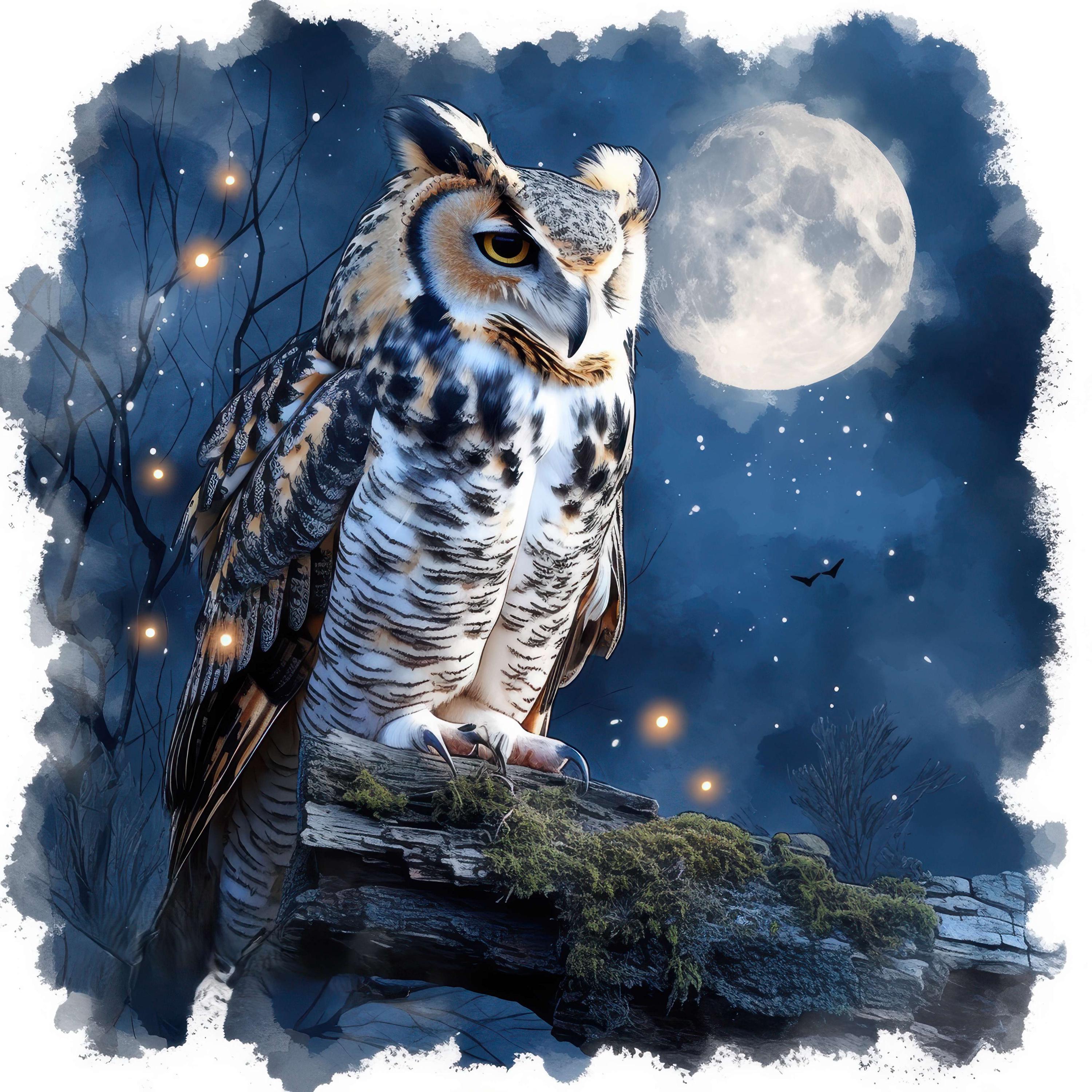 10 Owl Moonlight Clipart Bundle, Owl at Night Art Graphics, Printable Watercolor Clipart, High Quali