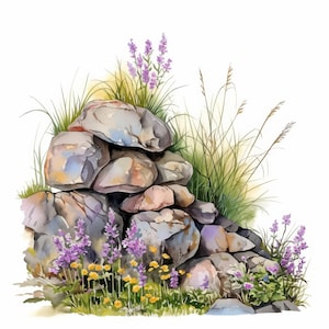 13 Steine Clipart-Bundle, Florale Stein-Illustration, druckbare Aquarell Cliparts, hochwertige JPG-Dateien, Papiermodelle, Junk Journal, Kartenherstellung