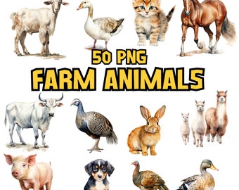 Watercolor Farm Animals Clipart | Horse, Donkey, Pig, Cow, Rabbit, Duck, Rooster, Sheep Illustrations | Instant Download for Commercial Use