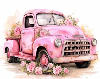 10 Floral Truck Clipart Bundle, Vintage Truck Images Illustration, Printable Watercolor Clipart, High Quality JPG, Paper craft, Junk Journal