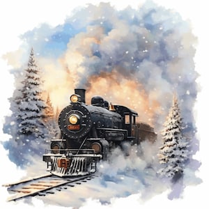 May include: A watercolour painting depicts a black steam train in a snowy winter scene. The train is on tracks, flanked by snow-covered pine trees. The sky is filled with clouds and falling snow, creating a wintery atmosphere.