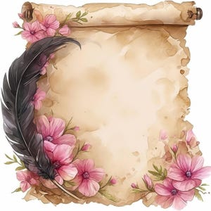 Paquete de 12 imágenes prediseñadas de pluma y papel, imágenes prediseñadas de pergamino de acuarela imprimibles, archivos JPG de alta calidad, manualidades de papel, descarga digital, diarios basura