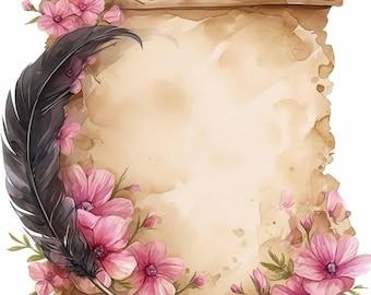 Paquete de 12 imágenes prediseñadas de pluma y papel, imágenes prediseñadas de pergamino de acuarela imprimibles, archivos JPG de alta calidad, manualidades de papel, descarga digital, diarios basura