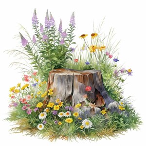 May include: Watercolor painting of a weathered tree stump surrounded by colorful wildflowers and green grass. The flowers include yellow, pink, purple, and white blooms, creating a vibrant and natural scene.