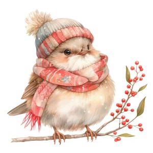 May include: Watercolor illustration of a small bird perched on a branch, wearing a blue, red, and white striped knit hat and a matching scarf. The bird is brown and white with a fluffy appearance. A branch with red berries is to the right.