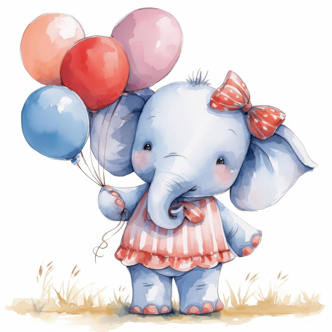 12 Elephant With Balloons Clipart Bundle, Printable Watercolor Baby ...