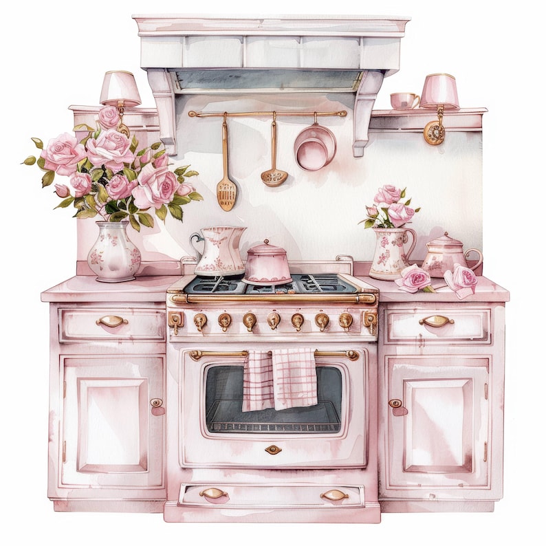 vintage floral kitchen scene clipart set graphic by... 13 Vintage Floral Kitchen Clipart, Shabby Chic, Printable Watercolor ...