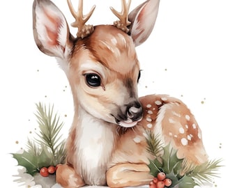 12 Christmas Bambi Clipart, Christmas Theme Clipart Set, Printable Watercolor Clipart, Instant Digital Download, Scrapbooking, Junk Journals