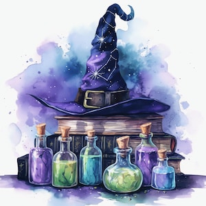17 Witchs Apothecary Clipart Bundle, Magical Halloween Illustrations, Printable Watercolor Clipart, High Quality JPG, Paper craft, Journals