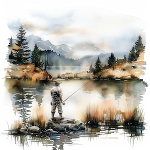 Lot de 15 cliparts de pêche homme, paysage de pêche en bateau, clipart aquarelle imprimable, fichiers JPG de haute qualité, scrapbooking, créations en papier, journal indésirable