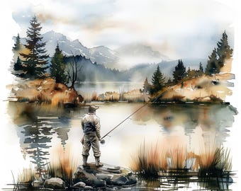 15 Man Fishing Clipart Bundle, Boat Fishing Landscape, Printable Watercolor clipart, High Quality JPGs, Scrapbook, Paper craft, Junk Journal