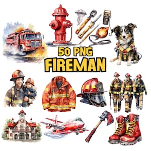 Clipart pompier aquarelle | Pompier, casque, tuyau, extincteur, bouche d'incendie, illustrations de gare | Téléchargement instantané pour une utilisation commerciale