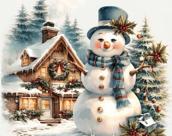 Può includere: Illustrazione ad acquerello di un allegro pupazzo di neve con cappello a cilindro e sciarpa blu, davanti a una casa innevata e alberi sempreverdi. Il pupazzo di neve ha un naso a carota e occhi a bottone, con accenti di agrifoglio. Scena invernale festosa.