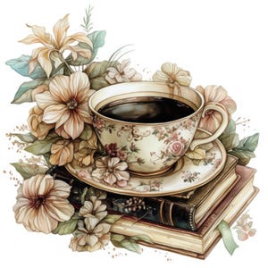 Pacchetto di 14 Clipart di caffè e libri, illustrazioni per amanti dei libri, clipart acquerello stampabili, JPG di alta qualità, download digitale, uso commerciale