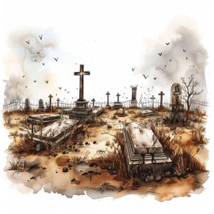 Paquete de 12 imágenes prediseñadas de cementerios abandonados, imágenes de cementerios en acuarela, JPG de alta calidad, descarga digital, manualidades de papel, ilustración de diario basura