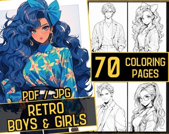 May include: A digital coloring book with 70 pages featuring retro-style illustrations of boys and girls. The cover image shows a girl with blue hair and a floral shirt. The book is available in PDF and JPG formats.