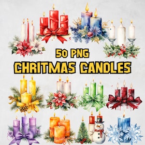 Pacchetto di clipart di candele natalizie ad acquerello, immagini di candele festive, grafica di decorazioni natalizie, illustrazione PNG di decorazioni natalizie, uso commerciale