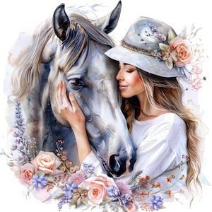 14 Kobieta i koń Clipart Bundle, Obrazy kwiatów koni, Wydrukowalne akwarelowe clipart, Wysokiej jakości JPG, Pobieranie cyfrowe, Sublimacja