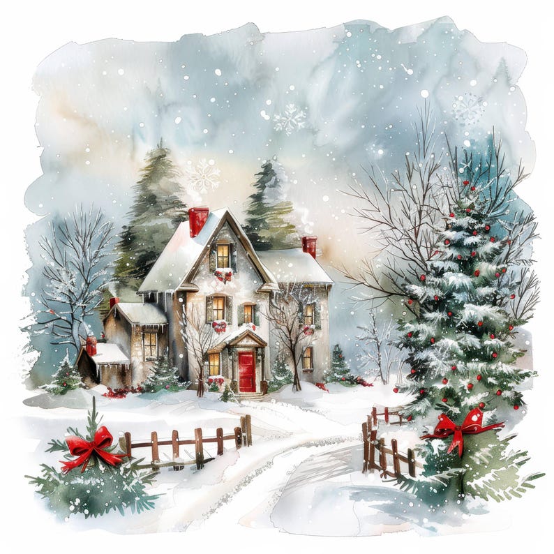 19 Christmas House Clipart Bundle, Printable Watercolor Clipart