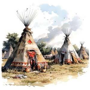 May include: Watercolor painting of a Native American village with several teepees. The teepees are beige with red and brown accents, and some have decorative elements. The scene is set in a grassy field with trees and a cloudy sky.