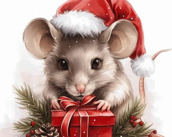 11 Christmas Mouse Set 2 Clipart Bundle, Mice Print Illustrations, Printable Watercolor Clipart, High Quality JPG, Paper craft, Junk Journal