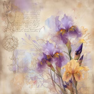 May include: Watercolor painting of purple and yellow iris flowers. The flowers have detailed petals and yellow centers. The background is a soft beige with faded script and decorative elements, creating a vintage aesthetic.