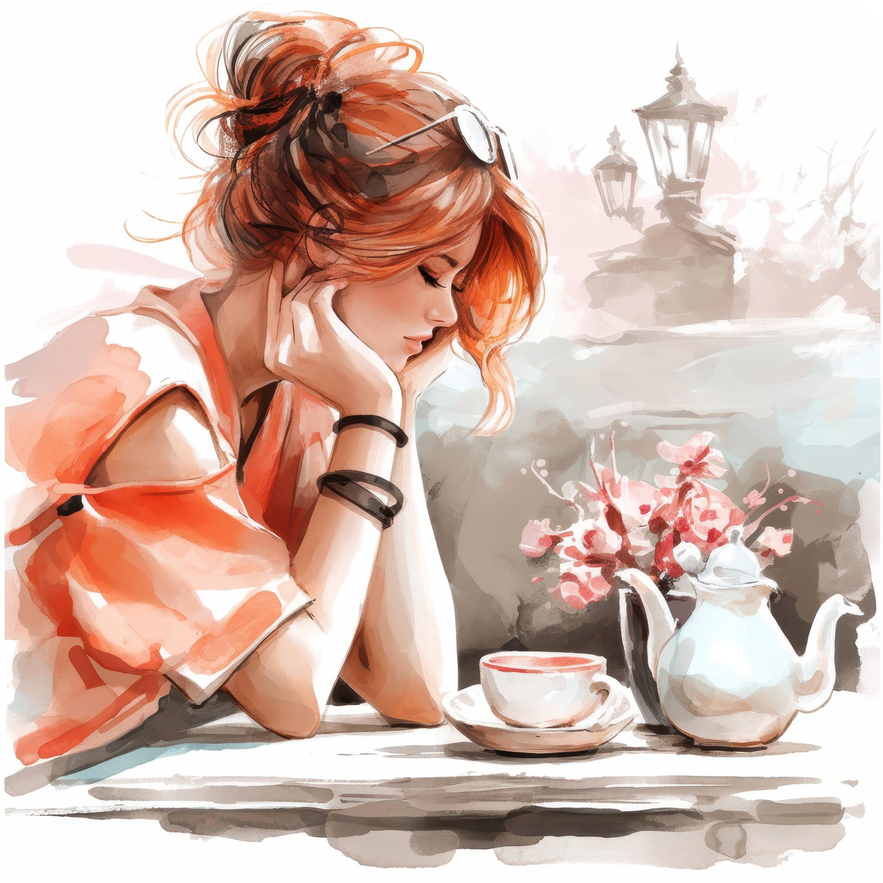 カフェにいる女性のイラスト12点セット、花柄カフェイラスト、印刷可能