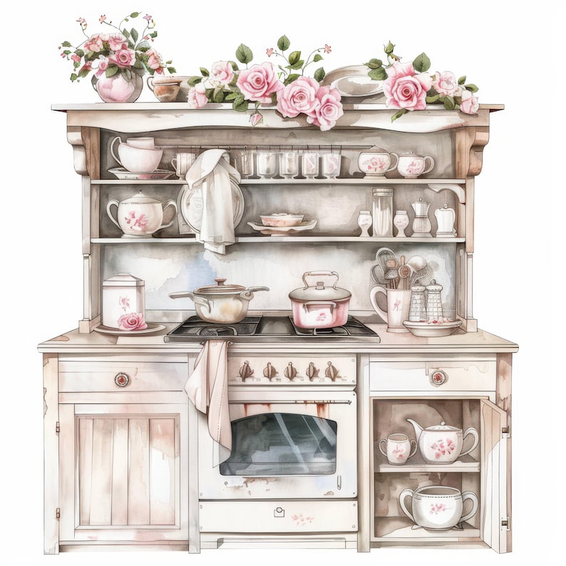 vintage floral kitchen scene clipart set graphic by... 13 Vintage Floral Kitchen Clipart, Shabby Chic, Printable Watercolor ...