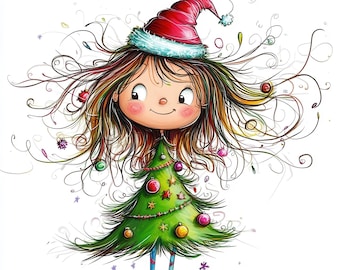 13 Quirky Christmas Girl Clipart Bundle, Whimsical Christmas, Printable Watercolor Clipart, High Quality JPG, Paper craft, Junk Journals