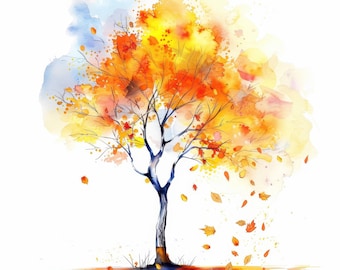 May include: Watercolor painting of a tree with orange, yellow, and red leaves. The tree is set against a white background with a light blue watercolor wash.