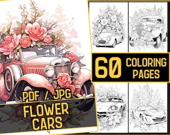Flower Cars 60 Coloring Page Book, Adults Kids Instant Download