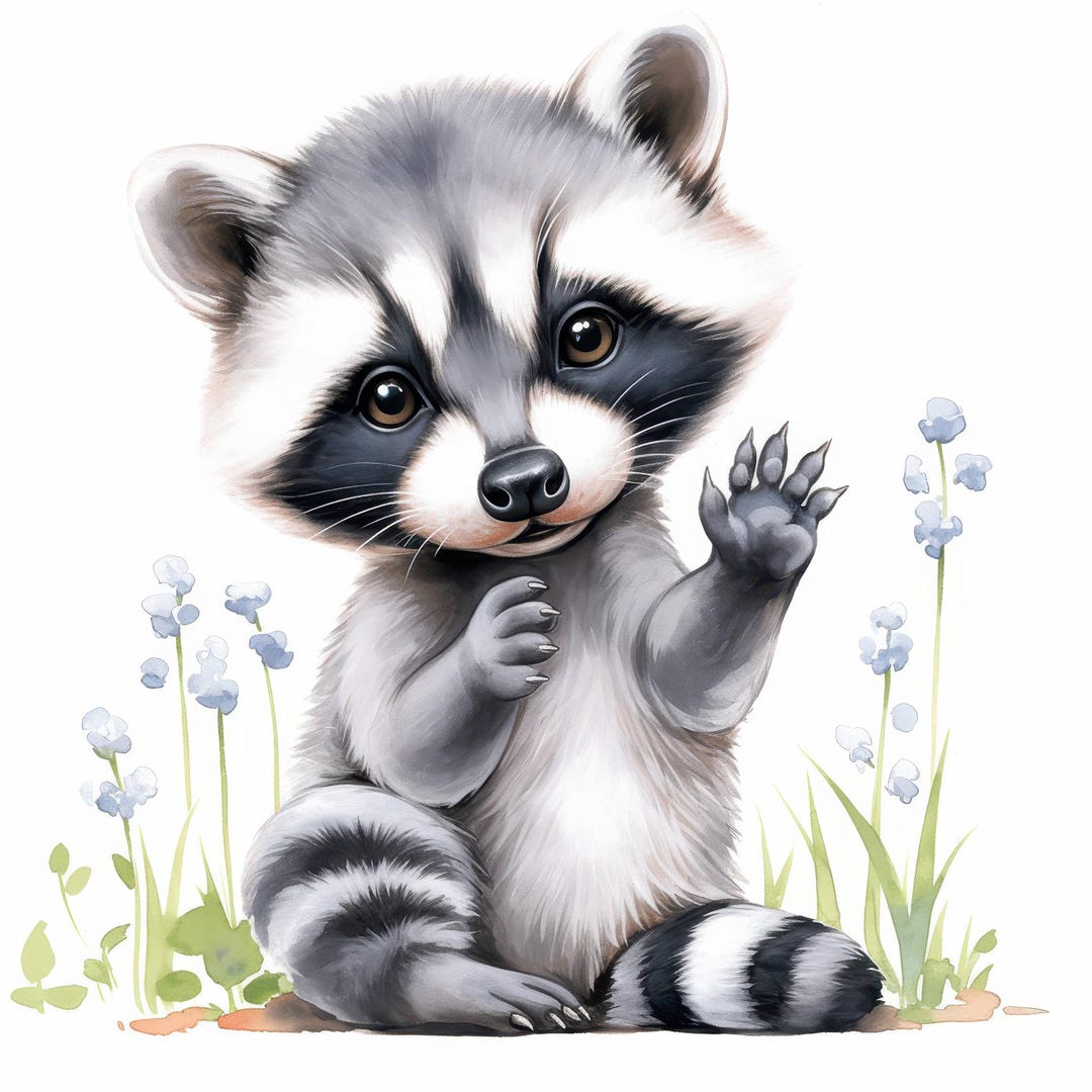 魅力的なアライグマのクリップアート10点セット、印刷可能な水彩画