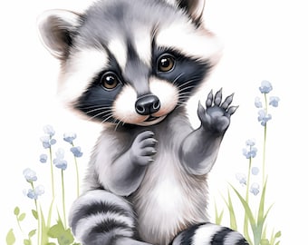 10 charmante wasbeer clipartbundel, afdrukbare aquarelafbeeldingen, schattige wasbeerillustraties, hoge kwaliteit jpg's, ongewenste tijdschriften, papierkunst