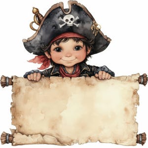Cartoon Pirates with Labels Clip Art 17 High Res Watercolor JPGs Junk Journaling, Scrapbooking, Card Making, Digital Download, Paper Crafts
