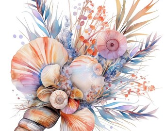 14 Floral Seashells Clipart, Garden Floral For Crafting, Printable Watercolor Clipart, Instant Digital Download, Scrapbooking, Junk Journals