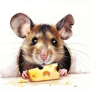 May include: Watercolor illustration of a brown and tan mouse peeking out of a hole, holding a yellow cheese wedge. The mouse has large, dark eyes and big ears. The cheese has several holes.