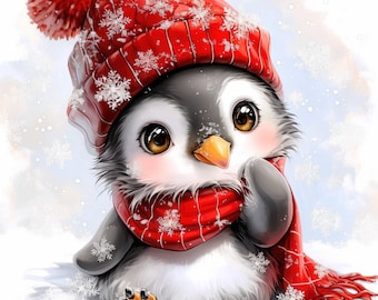 12 Christmas Penguins Clipart Bundle, Printable Watercolor Cute Penguin Clipart, High Quality JPGs, Paper craft, Card Making, Junk Journals