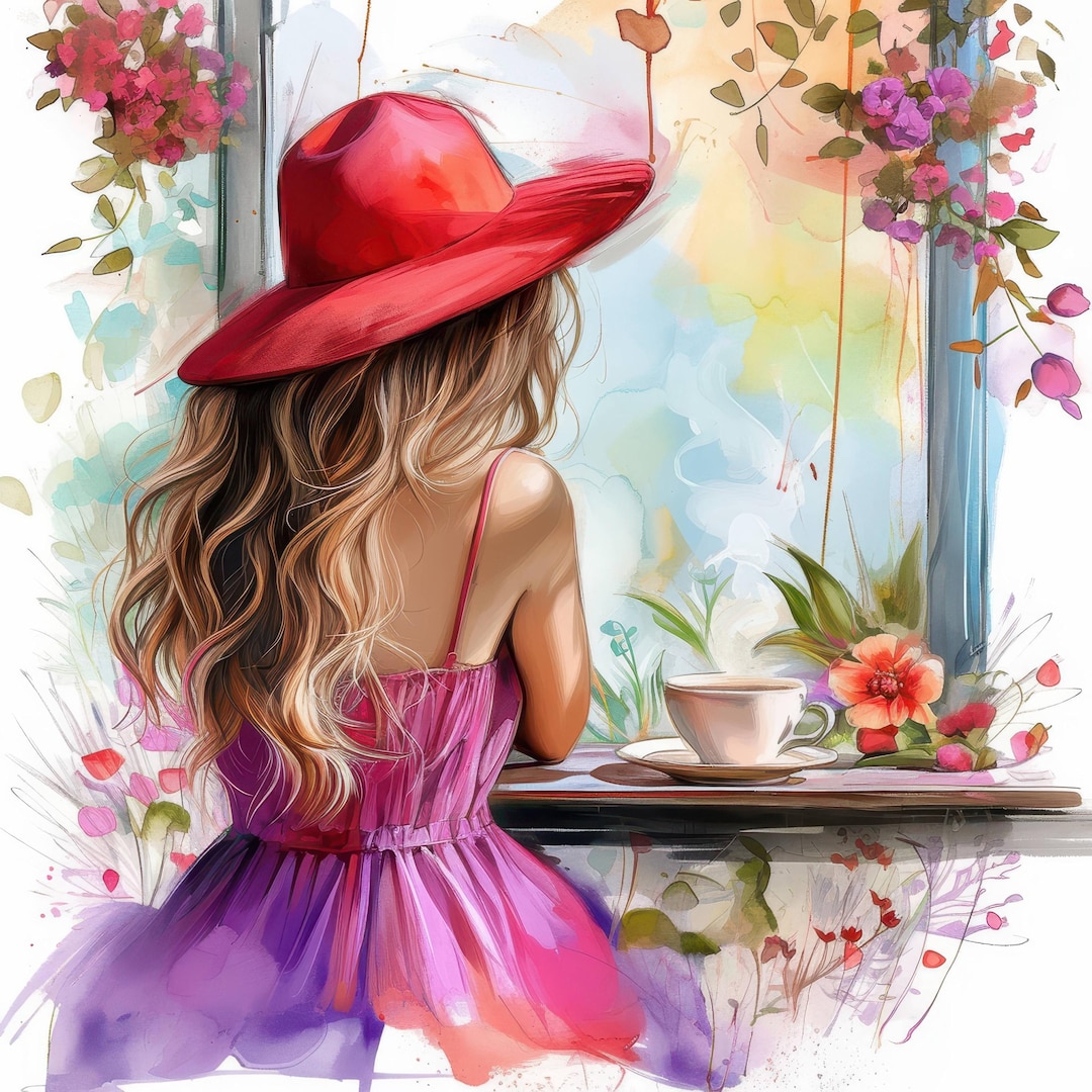 カフェにいる女性のイラスト12点セット、花柄カフェイラスト、印刷可能