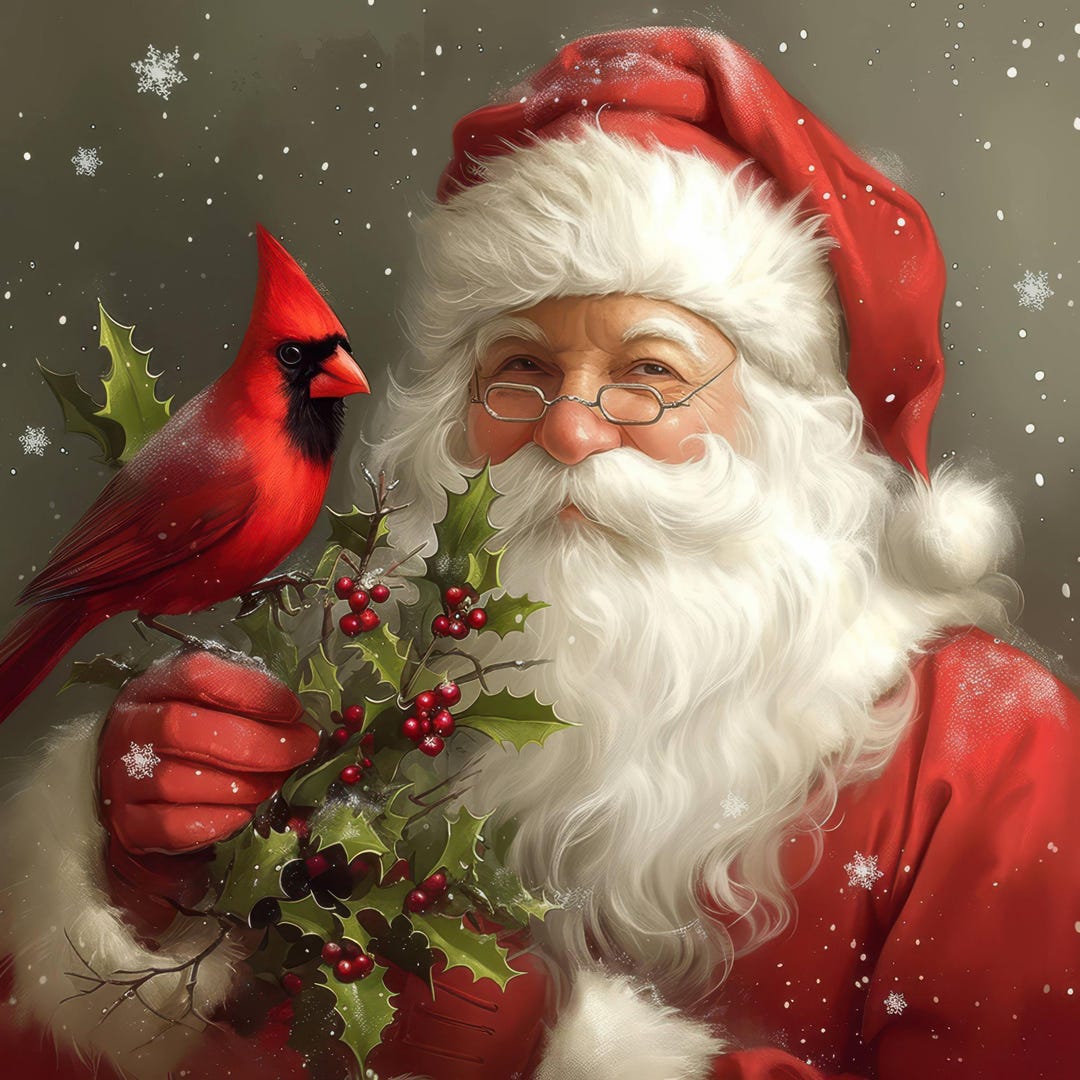11 Vintage Santa With Cardinal Clipart Bundle, Printable Watercolor ...