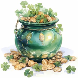 May include: A watercolor illustration of a green pot filled with gold coins and topped with shamrocks. Gold coins are scattered around the base of the pot, with additional shamrocks. The pot has gold accents and a handle.