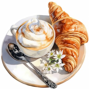 Lot de 11 cliparts café et croissants, cliparts aquarelles imprimables, illustrations de boissons, fichiers JPG de haute qualité, journaux indésirables, créations en papier
