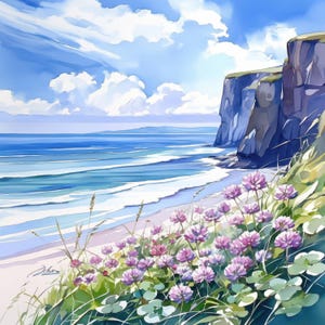 Bundle de cliparts trèfle sur la côte, illustration de fabrication de cartes, clipart paysage aquarelle imprimable, fichiers JPG de haute qualité, téléchargement numérique