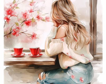 カフェにいる女性のイラスト12点セット、花柄カフェイラスト、印刷可能