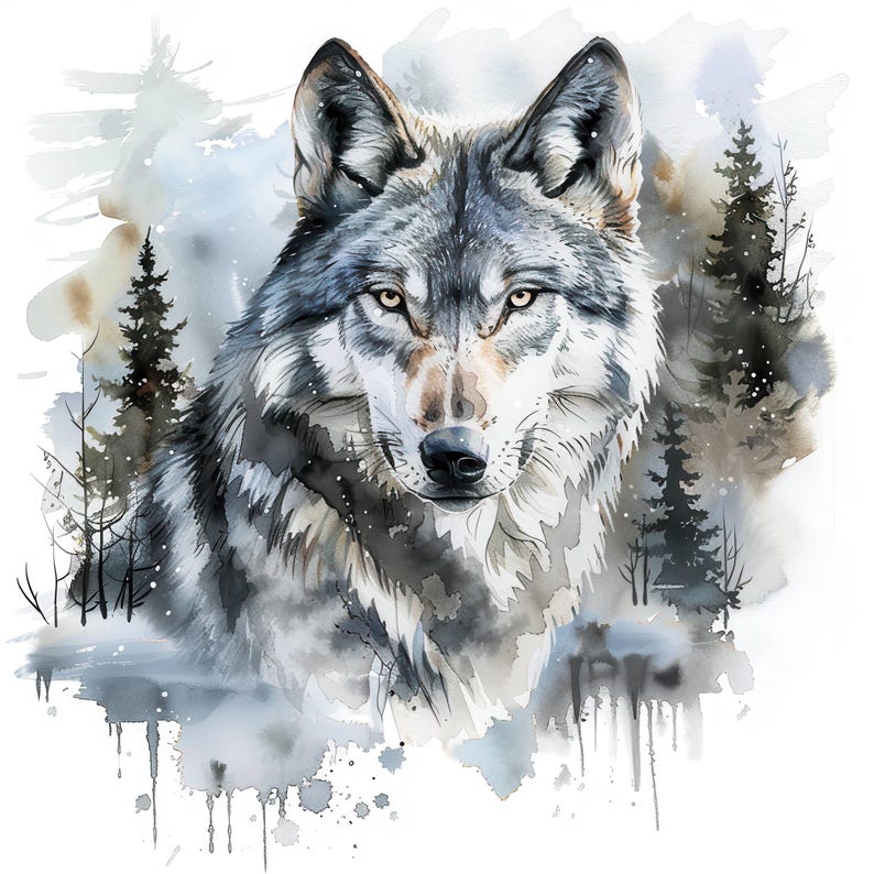 14 Wolf Portrait and Forest Clipart Bundle, Watercolor Wolf Image, Wolf Head Clipart, Scrapbook, Wolf Pack, Wolf In Forest, Forest And Wolf